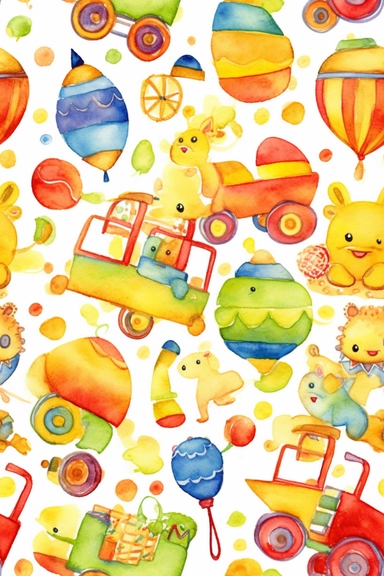 A playful watercolor clipart seamless pattern featuring bright and cheerful colors and fun baby toys (medium: digital illustration)(style: inspired by the works of Mercer Mayer and Tomie dePaola)(lighting: vibrant and energetic with bold contrasts)(colors: lively hues of orange, yellow, and green)(composition: a repeating pattern of whimsical baby toys, such as blocks, cars, and animals, with a lively watercolor effect that adds a playful touch, captured with a high-quality camera and a wide-ang