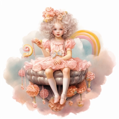 adorable little vintage whimsical girl sitting on a cloud made of sugar sweets candy and ribbons, face looking straight, full body, clipart style, pastel pink and orange, accurate details, oil painting technique, super high quality, professional watercolor clipart, high resolution