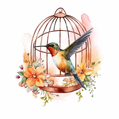 An endearing watercolor Hummingbird bird clipart of Hummingbird bird in cage 300DPI