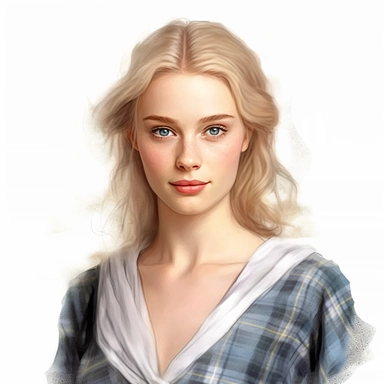 beautiful stunning pretty Scottish young woman , with blonde hair and blue eyes, vintage , paint art style, clipart, white background, superrealistic, one of a kind