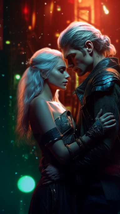 Clipart, just real, cinematic lighting, couple of elf lovers, love scene, white hair, man with medium hair, green eyes, fantasy background, synthwave style, 8k,