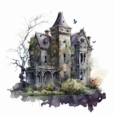 highly detailed and intricate watercolor of large, gothic mansion in a state of decay and neglect. The house is set against a gloomy, stormy sky. Overgrown vines climb up its crumbling stone walls. Clipart, white background