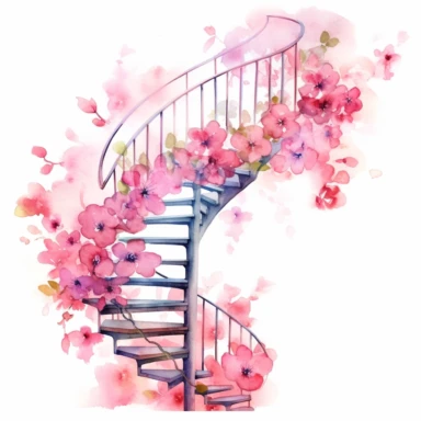 Whimsical watercolor illustration of pink flowers gracefully spiraling down a staircase, capturing a sense of movement, rhythm, and the whimsical nature of dreams and imagination, as if the flowers are dancing through the air, clipart on a clean white background.