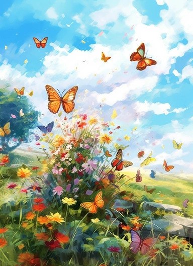 butterflies on a flower field, in the style of 2d game art, nostalgic paintings, 32k uhd, colorful dreamy watercolor scenes, adventure pulp, classical, historical genre scenes, rough-edged 2d animation, watercolor clipart, white background
