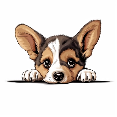 Cute corgi puppy peeking over a line, high quality, detailed, white background, no shadow, dark outline, clipart
