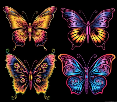 6 tattoo art style blue butterflies, black defined lines, high details, clipart, hd, isolated on black background, spaced out, vibrant rainbow colors