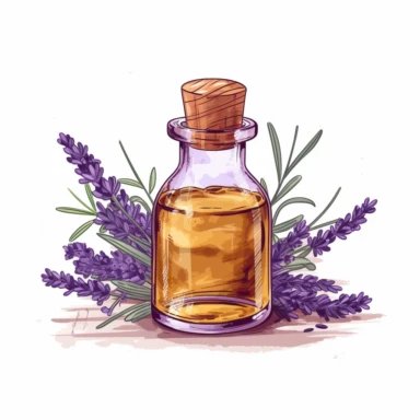 Lavender infused with oil in a small bottle with wooden top, Vector art clipart, solid white background