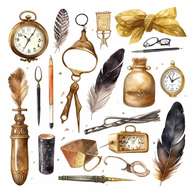 watercolour Collection of golden vintage accessories and antique objects. Old keys, clock, loupe, compass, ink feather pen, scissors, glasses isolated on white background. Clip art