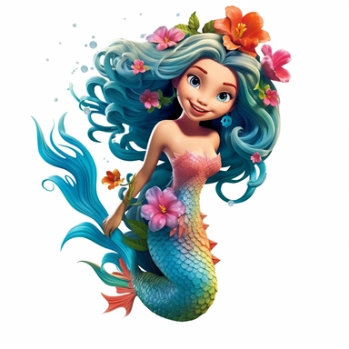 A beautiful smiling mermaid, highly detailed, long hair, beautiful flowers and coral, highly detailed tail, full body image, pixar style, clipart