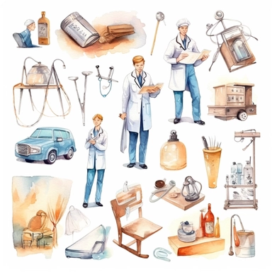 watercolor doctor related scenes , illustrations clipart set, simple, , cartoon elements ,different variants , nurse, doctor, stethtescope, mechanical body weighing scale, microscope, ,separate elements with a margin