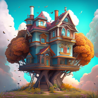Beautiful 3 floors fantasy house, Oriental Fantasy Clipart, oil colour, super realistic, surrounded with colourfull trees, birds and white puffy clouds, pixar style, cartoon style, 8k, clipart, bright happy colours