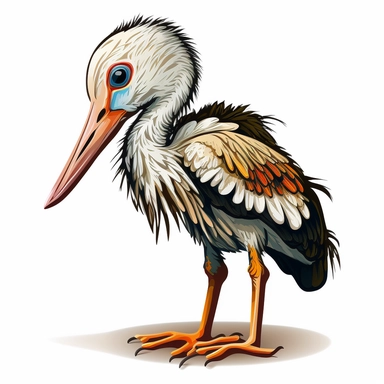 A clipart for kids with a cute baby stork animal motif in frontal view on white background. The animal motif is depicted in bold colors