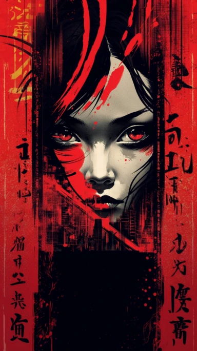a newspaper clip art illustration with a red eye for an asian woman, in the style of large-scale murals, dark palette chiaroscuro, movie poster, mori kei, captivating documentary photos