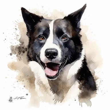 cute Karelian Bear Dog dog portrait, full face, centered shot, side shot, dynamically posed, in action, playful mood, happy mood, playing mood, cute face, adorable smile, childlike eyes, clean watercolor illustration, white background, nursery baby imagery, painting, detailed, 8k, PNG, clipart,