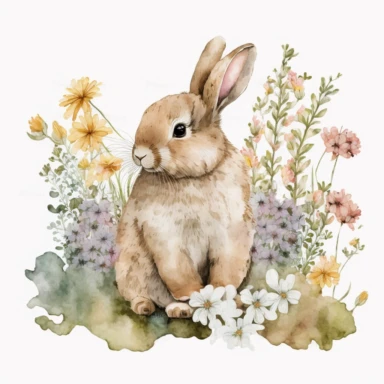 cute easter bunny sitting among flowers, watercolor clipart illustration, transparent background