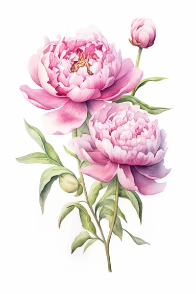 A highly detailed watercolor and pencil clipart drawing of a small cluster of unbloomed pink peonies elegantly arranged on a white background. The cluster captures the anticipation and beauty of these budding flowers, showcasing their intricate forms and delicate petals. The watercolor and pencil techniques blend harmoniously to create a captivating representation, with the watercolor adding soft washes of color and the pencil adding fine details and textures. The drawing focuses on the tightly 