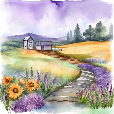 Create a captivating watercolor clipart illustration of a picturesque countryside display featuring lavender, wildflowers, and sunflowers. Enhance the scene with rustic elements such as a small waterfall or stream in the background. Aim for a high-quality artwork that combines the beauty of nature with the serene ambiance of a countryside setting. Begin by sketching the outline of the countryside scene, focusing on the rolling hills and lush meadows. Incorporate lavender fields, patches of wildf