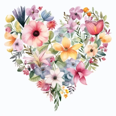 summer flowers clipart, heartshape, love, white background, climbing, watercolor