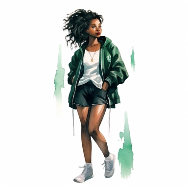 watercolor, black woman dressed up in harry potter slytherin clothing, green and black tennis shoes, style of Atey Ghailan white background, clipart