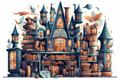 A vector clipart of a magical library in a fantasy village, filled with bookshelves, floating books, and mystical artifacts, in the style of enchanting and whimsical vectors, viewed from a studious angle, hd, spaced out, on a white background