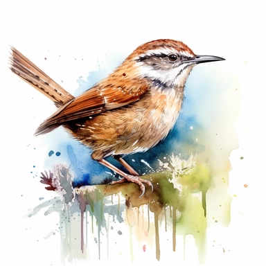 Carolina wren. use a combination of vibrant colors and subtle variations in color to capture the freshness and vitality of the scene. Let the transparent and flowing nature of watercolors add a sense of lightness and movement to the painting, clipart, plain isolated white background, 8k ultra detail high sharpness
