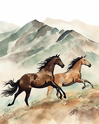 Watercolor painting style, Wild horses galloping in mountains clipart, vintage, wyite background