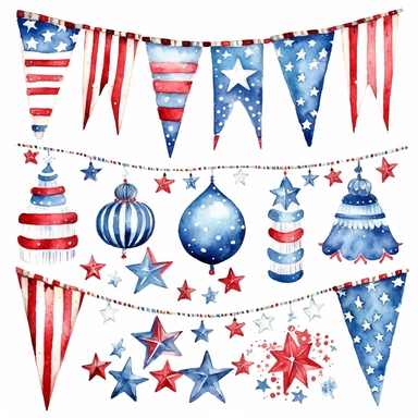 watercolor 4th of july patriotic decorations, illustrations clipart set, simple, , cartoon elements , bunting, ribbon elements, door wreaths, different variants , separate elements with a margin