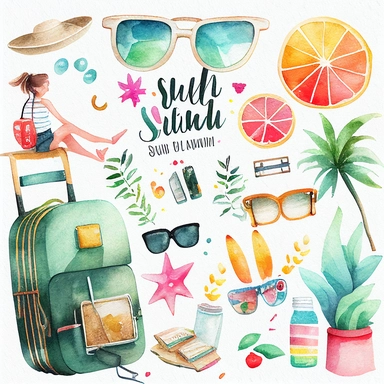 watercolor summer vacation from school clip arts, end of school year clipart, white background, no letters