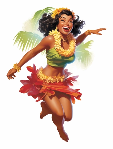 alaha, hawaiian girl, aloha logo on transparent background, hawaiian vector png, clipart, in the style of todd schorr, comic art, harlem renaissance, lively tableaus, associated press photo, junglecore, ed roth