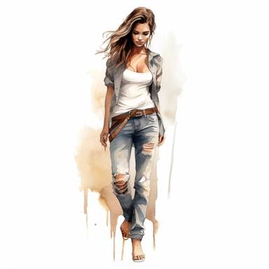 glamour model posing, brown hair ripped jeans, full length, watercolour style, fine details, 8k clipart png transparent