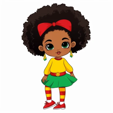 a cute Little Black Girl with green, yellow and red clothes, 2 afro puffs, flat vector clipart