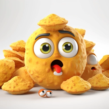 cute Nuggets character. Nuggets, cartoon, eye, illustration, funny, character, fast food, food, unhealthy, cute, face, fun, goofy, three-dimensional , Clipart, white isolated background, space out, hd, 8k, realistic