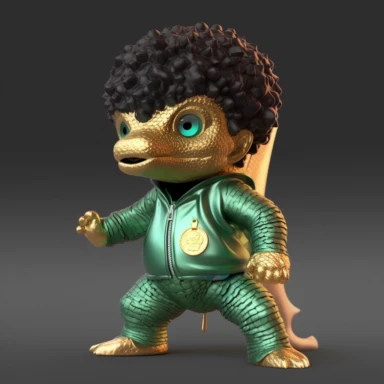 baby Godzilla, looks like Michael Jackson, doing dance steps, wearing a miami heat basketball jersey, wearing a gold pendant with a gold bitcoin on it, wearing hip hop style black satin pants and a green iridescent silk shirt, techno lighting, clipart on plain background