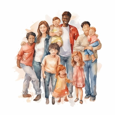 watercolor, Scene of kid adoption. Multicultural foster families and couples adopt diverse children. Happy parents embracing their adopted daughters and sons. png Full body realistic cartoon in 32K UHD cute. 15 cm thick outline. Black color. There was no 