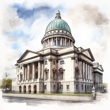 Isolated images, illustrations on a white background, facing front, elevation view, The Four Courts Dublin Ireland, Clipart, watercolor, realistic, isolated, full building, highly detailed, hdr, 32K, photo expert quality, watercolor realistic, hyperrealistic and highly detailed, isolated on a white background