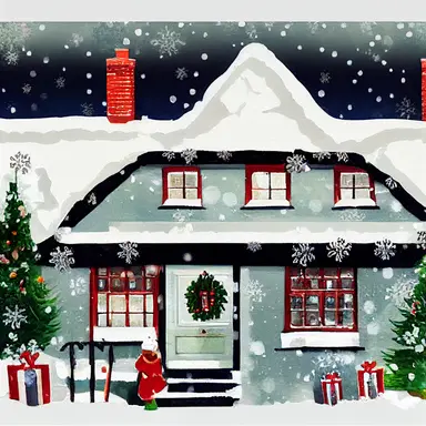 christmas, cute English country cottage, symmetrical, winter, snow, watercolor, clipart