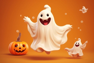 Cute ghost. Happy halloween ghosts characters, spooky expression creature. Funny scary magic demon with pumpkin, mystery creative nowaday vector clipart, realistic, full frame, very detailed