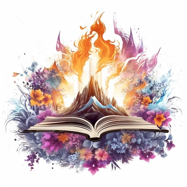 magic vintage Fantasy Open Book looking into another world Clipart, floral,Enchanted.Elemental Realms: Create distinct realms representing different elements, such as a fiery volcano landscape, a frozen ice kingdom, a lush earthy realm, and an ethereal realm of air and clouds. Incorporate vibrant colors and glowing elements to bring the scene to life, on white background ar