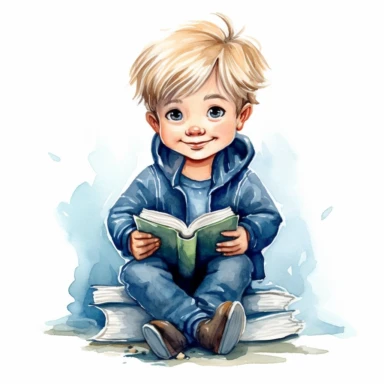 a happy little cute boy in a five-year-old, white short, blue jacket, book, style by Lusy Fleming, folk art, watercolor, clipart elements, smooth gradients, black contour outline, ultra detailed, white background, super clear, high quality
