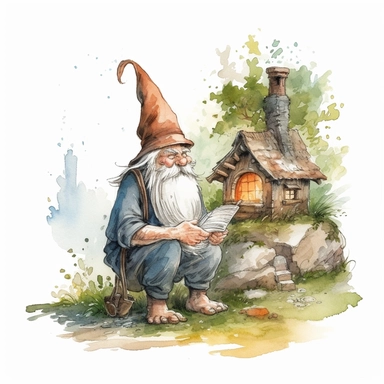 watercolour wizard animated clipart character, laughing look standing reading a book of spells, by a small stone cottage in a forrest clearing , set against a solid white background, ultra high definition, size 2048x2048
