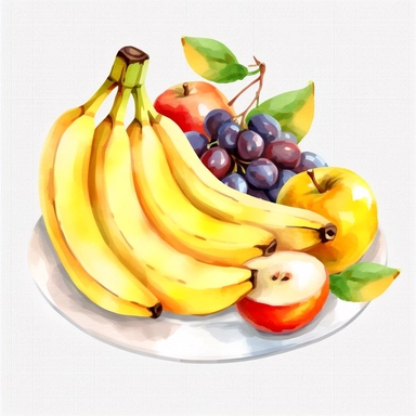 An Banana fruit with a slice cut out, placed on a plate or tray with other fruits or desserts , Watercolor, pastels, clipart, beautiful, colourfull, png transparent white background, high resolution, no caption q4 s2