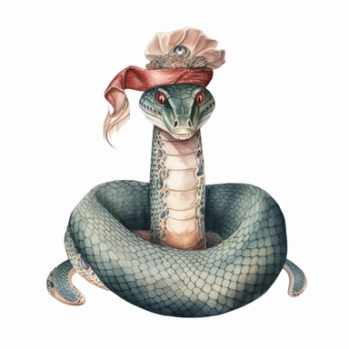 hand drawn vintage circus cobra that has a womans top half, glamorous, soft, detailed and realistic, watercolor, clipart style, white background with margins