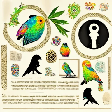 1 keyhole silhouette on white background, sacred geometry embellishments, stone texture, marketing clipart detailed engravings, 1 colorful parrot holding rolled up scroll, style in halftone comic book illustration