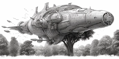 a black and white clipart illustration of a spaceship in the sky and trees, in the style of war scenes, ashcan school, konica auto s3, commission for, sculpted, 1970–present, xbox 360 graphics