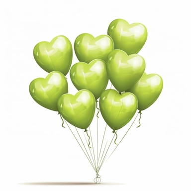 illustration of a group of heart shape green balloons against white background in watercolor style, beautiful, vibrant colors, white background, clipart, PNG pure white background, high resolution, best quality, unreal engine 5