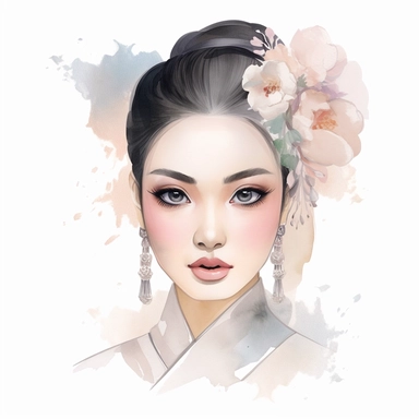 asian Bride's Makeup Clipart: This watercolor clipart captures the bride's soft makeup look, highlighting her eyes and lips in delicate pastel hues.