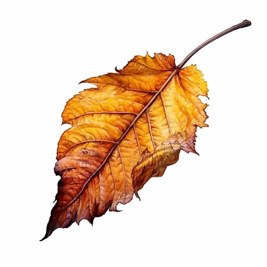 Autumn Leaf side angle in Watercolor hyper-realistic detailed illustrations, elegant water ink brush strokes techniques, delicate markings, monochromatic paintings, free brushwork, watercolor illustrations, painted illustrations Clipart, White Background Clipart, White Background