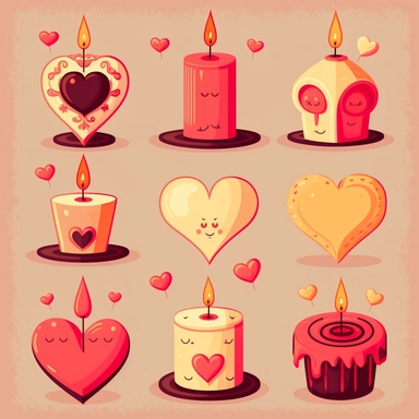 Create a set of playful, cartoon-style clip art images featuring candles with a Valentine's Day theme. The images should have a fun and romantic aesthetic, incorporating elements such as candles in various shapes and sizes, hearts and cupids, or other symbols of love and romance. The images should be depicted in a variety of styles and sizes, with added details such as texture, shading, or other realistic features. The cartoon style should add a fun and playful element. Overall, the images shoul