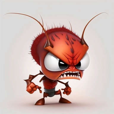 aggressive, red ant, clipart, 2d, white background, cartoon
