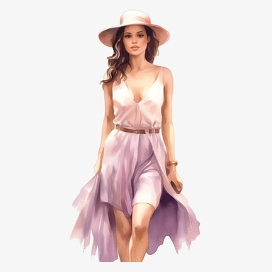 watercolor style, beautiful woman in summer dress in shades of mauve and white, realistic, clipart, isolated on white background, 4K